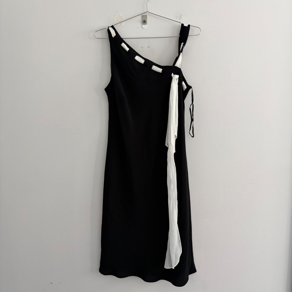 Evan Picone Women Black White One Shoulder Asymmetrical Sheath Dress Size 14